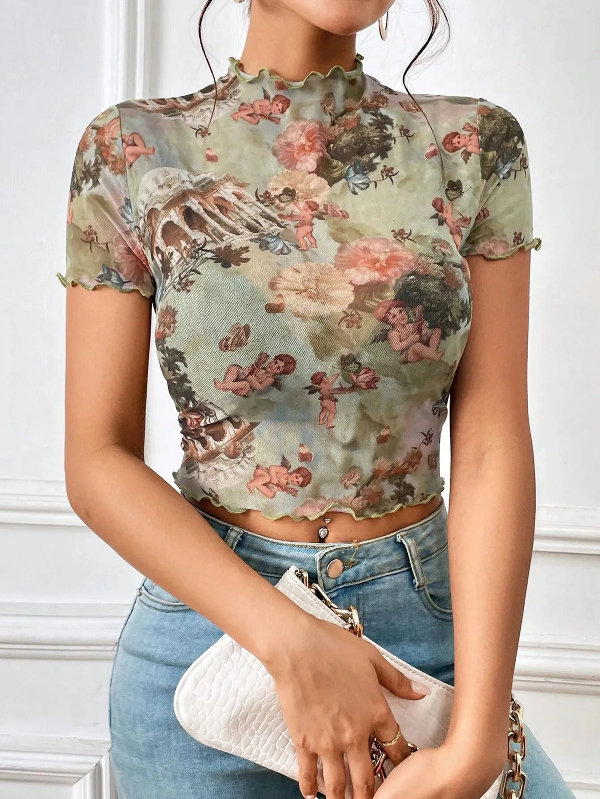 Abstract Print Ruffled Mock Neck Crop T-shirt (30)
