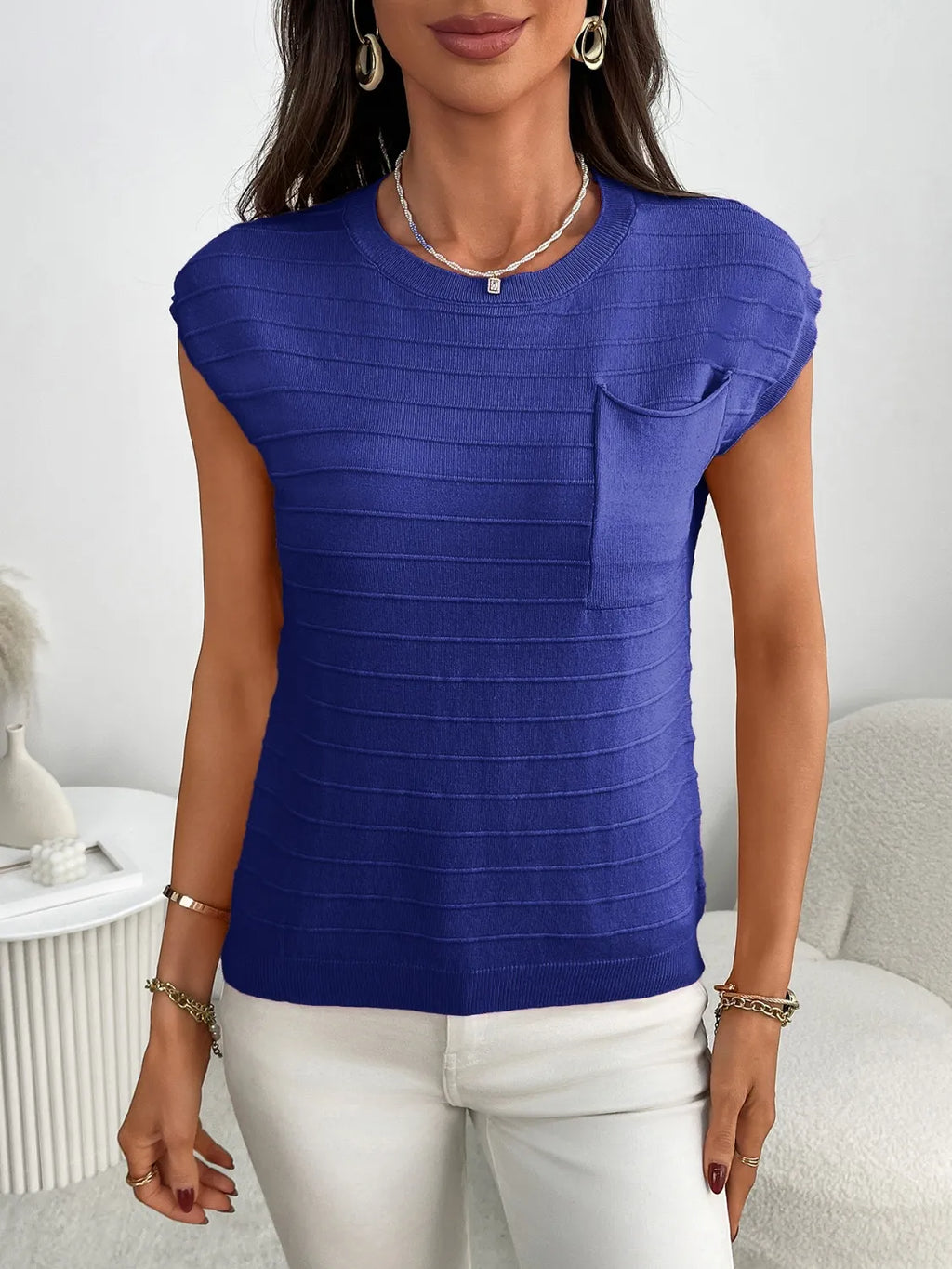 Round Neck Cap Sleeve Knit Top (15)