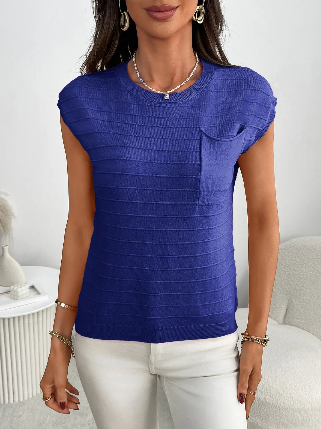 Round Neck Cap Sleeve Knit Top (15)
