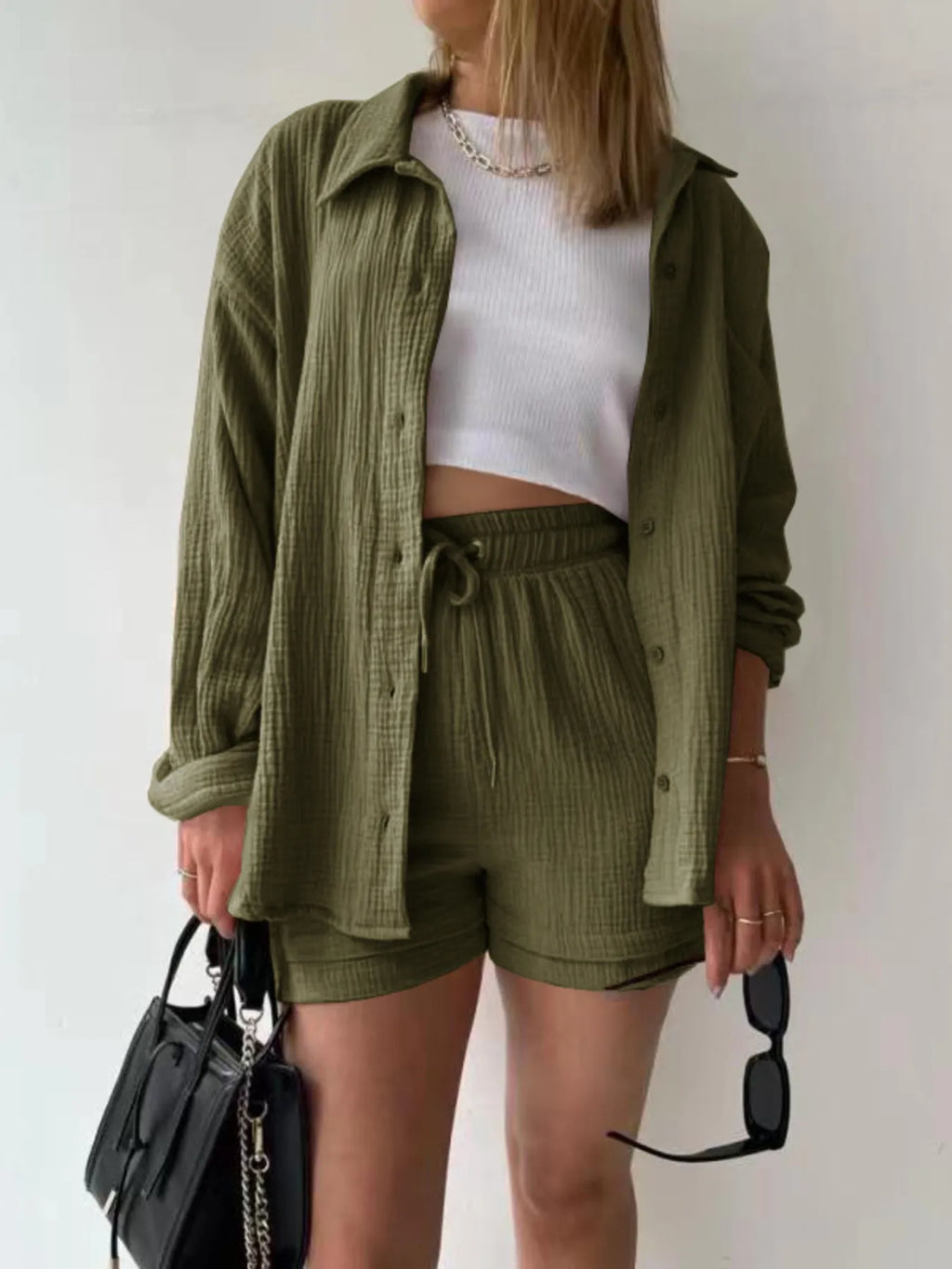 Button Up Shirt Shorts Set