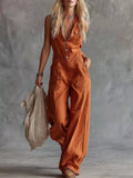 Sleeveless Button-down Wide-leg Jumpsuit
