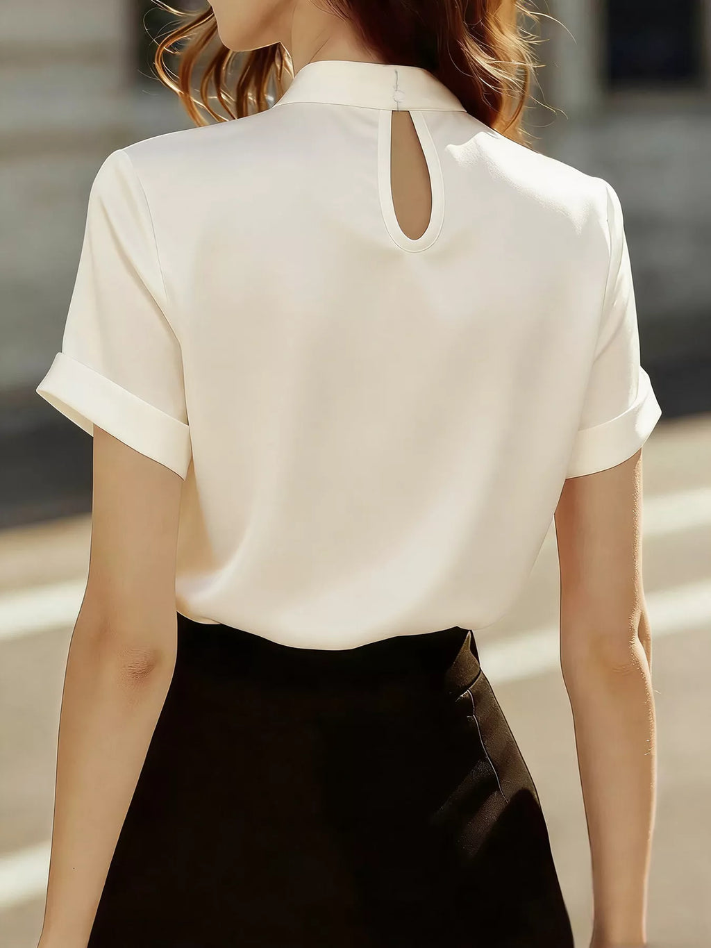 Keyhole Neck Satin Short Sleeve Blouse (2)