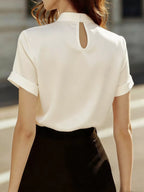 Keyhole Neck Satin Short Sleeve Blouse (2)