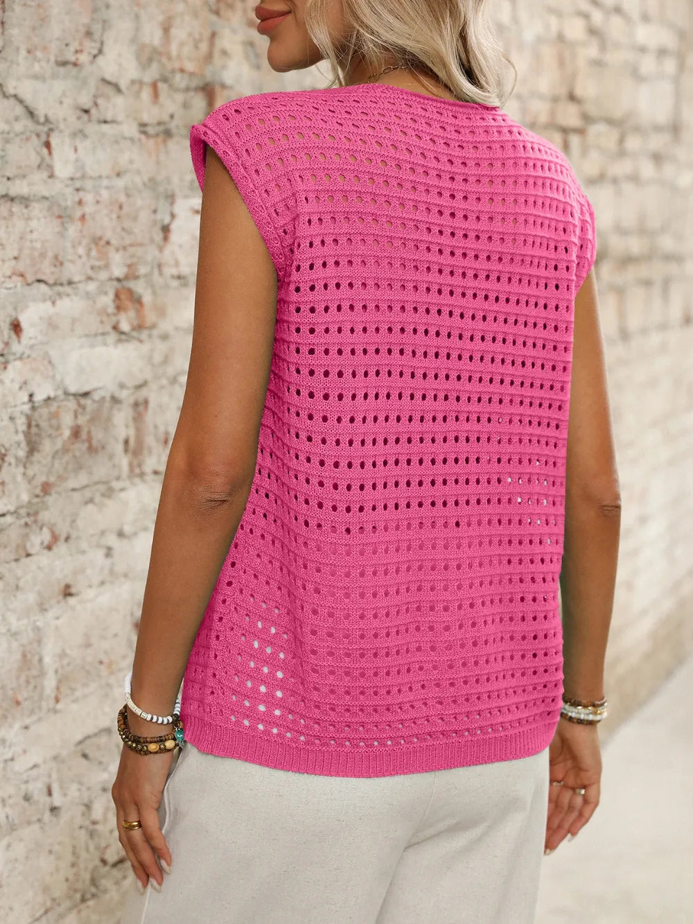 Tied Front Openwork V-neck Knit Top (5)