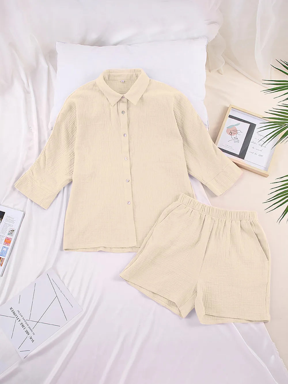 Texture Button Up Shirt Shorts Set (17)