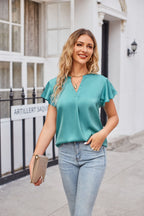 Notched Neck Flutter Sleeve Satin Top (5)