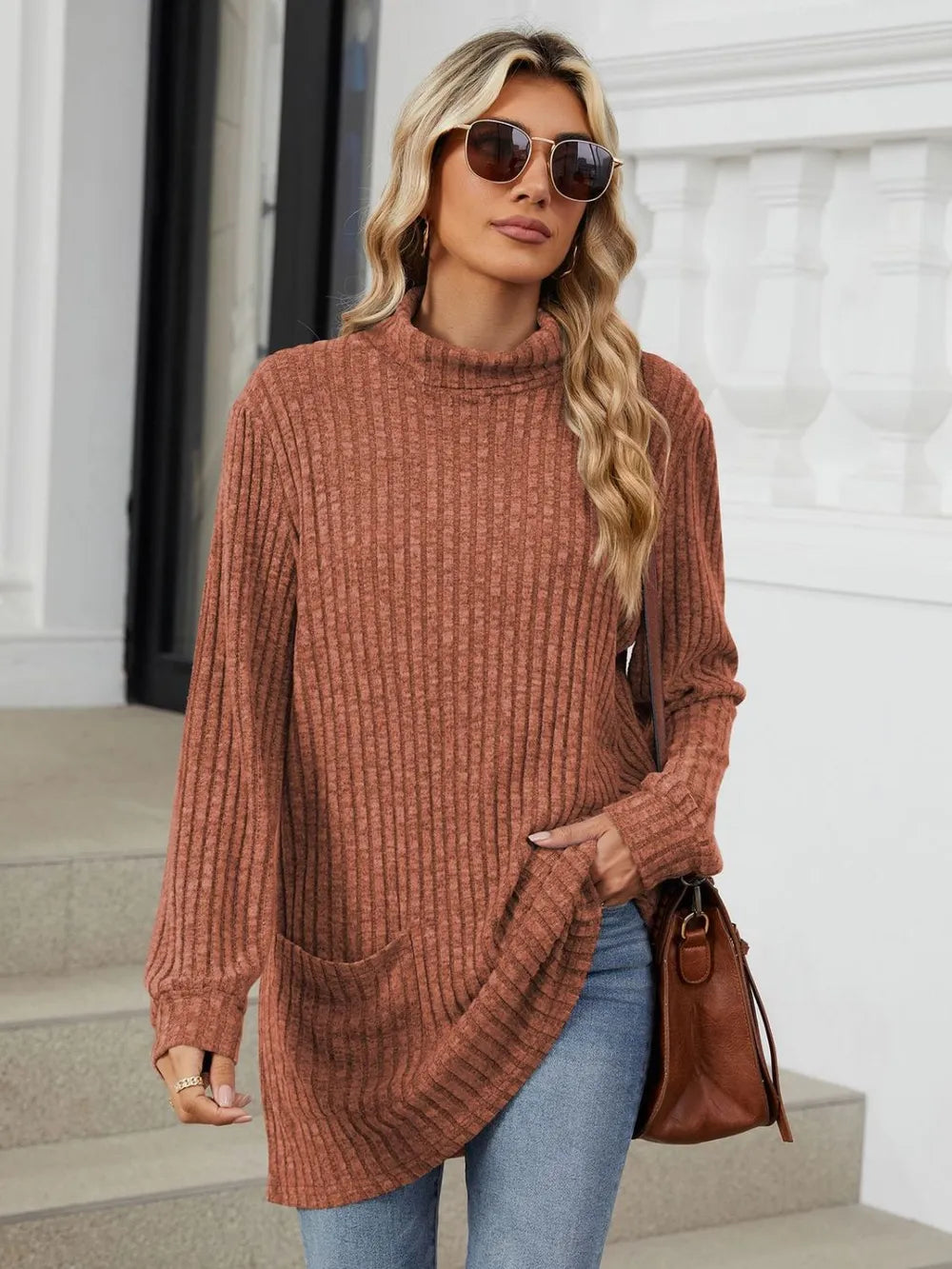 Ribbed Mock Neck Long Sleeve T-shirt (30)