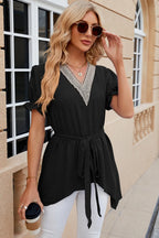 Swiss Dot Tie Waist Flounce Sleeve Blouse (7)