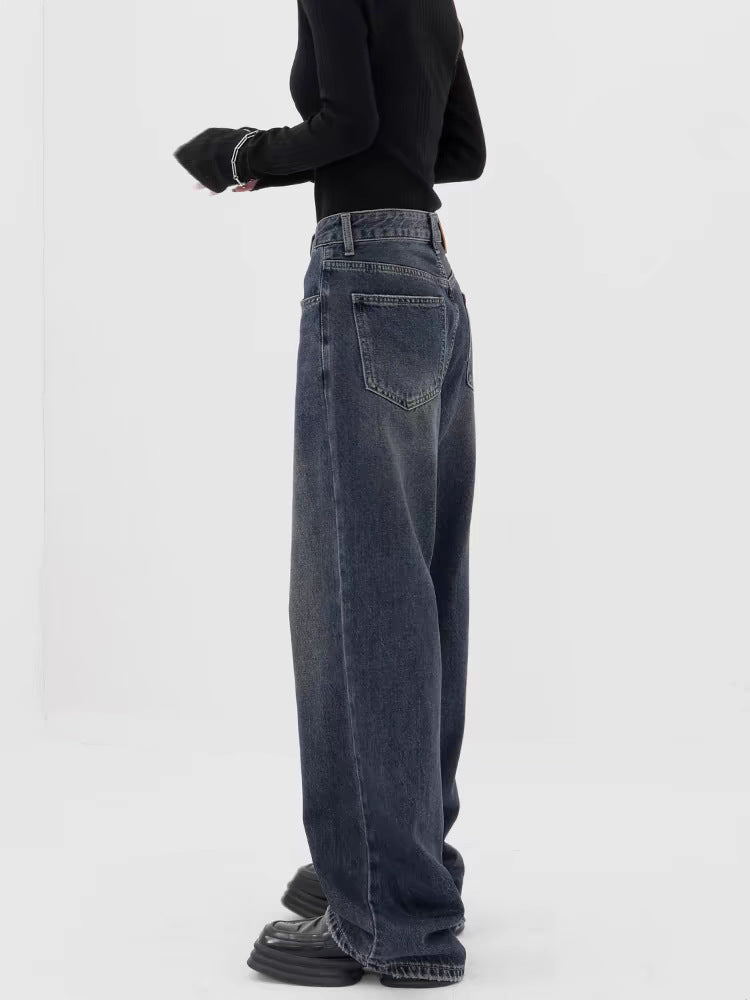 Retro Dark Blue Wide Leg Jeans Baggy Straight Trousers photo 11