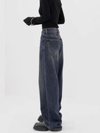 Retro Dark Blue Wide Leg Jeans Baggy Straight Trousers photo 11