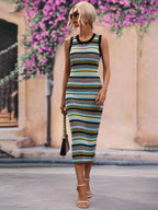 Striped Round Neck Sleeveless Midi Cover Up Dress (21)