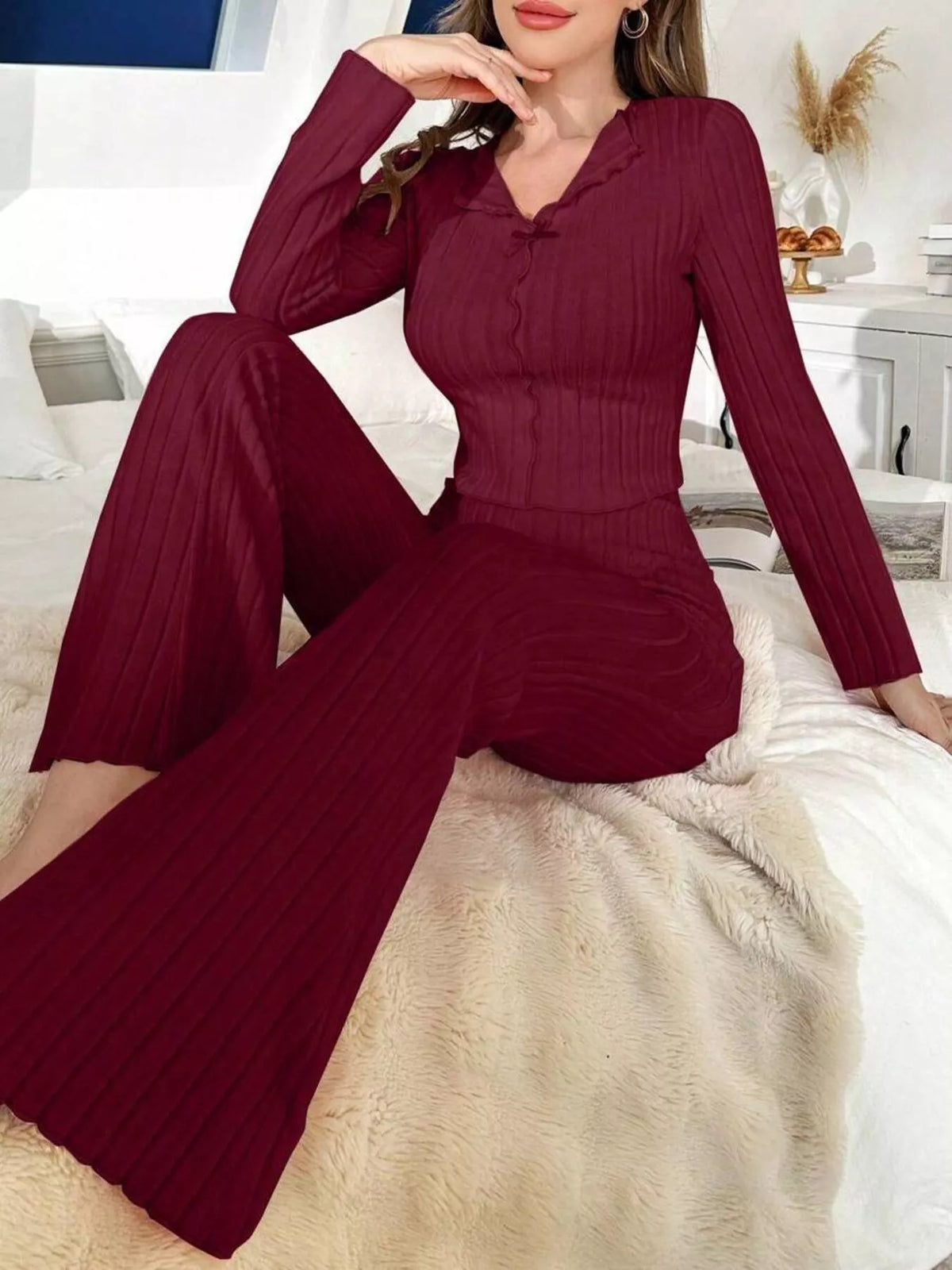 Bow Detail Ribbed Knit Top Pants Lounge Set (6)