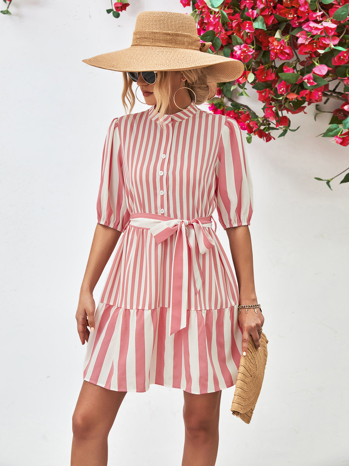 Striped Half Sleeve Tie Waist Mini Dress (3)