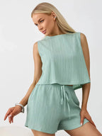 Textured Round Neck Tank Shorts Set (25)