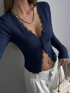 Lace Trim V-neck Ribbed Long Sleeve Blouse (10)