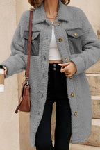 Collared Neck Long Sleeve Longline Teddy Jacket (18)