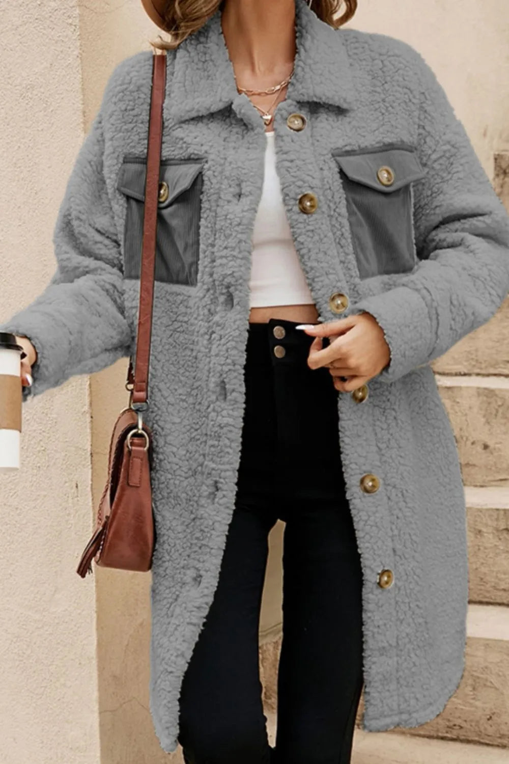 Collared Neck Long Sleeve Longline Teddy Jacket (18)