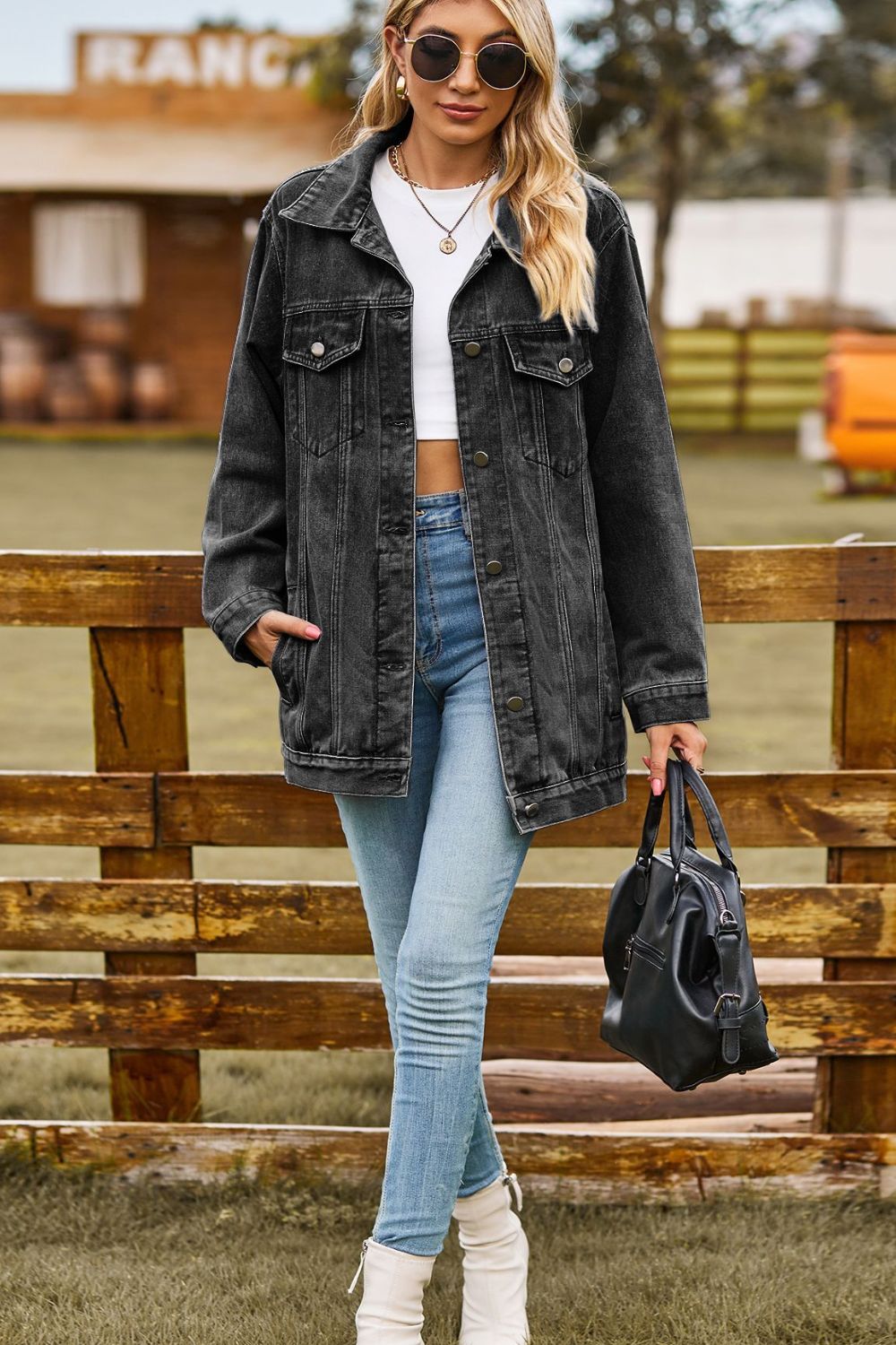 Buttoned Collared Neck Denim Jacket Pockets (10)