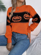 Pumpkin Round Neck Long Sleeve Sweater (6)