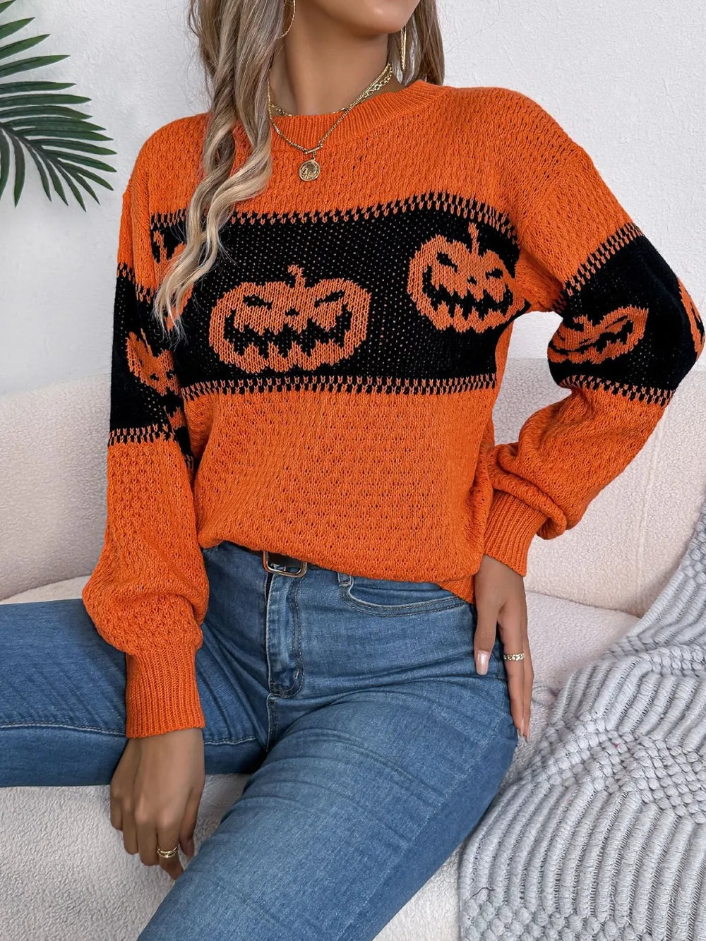 Pumpkin Round Neck Long Sleeve Sweater (6)