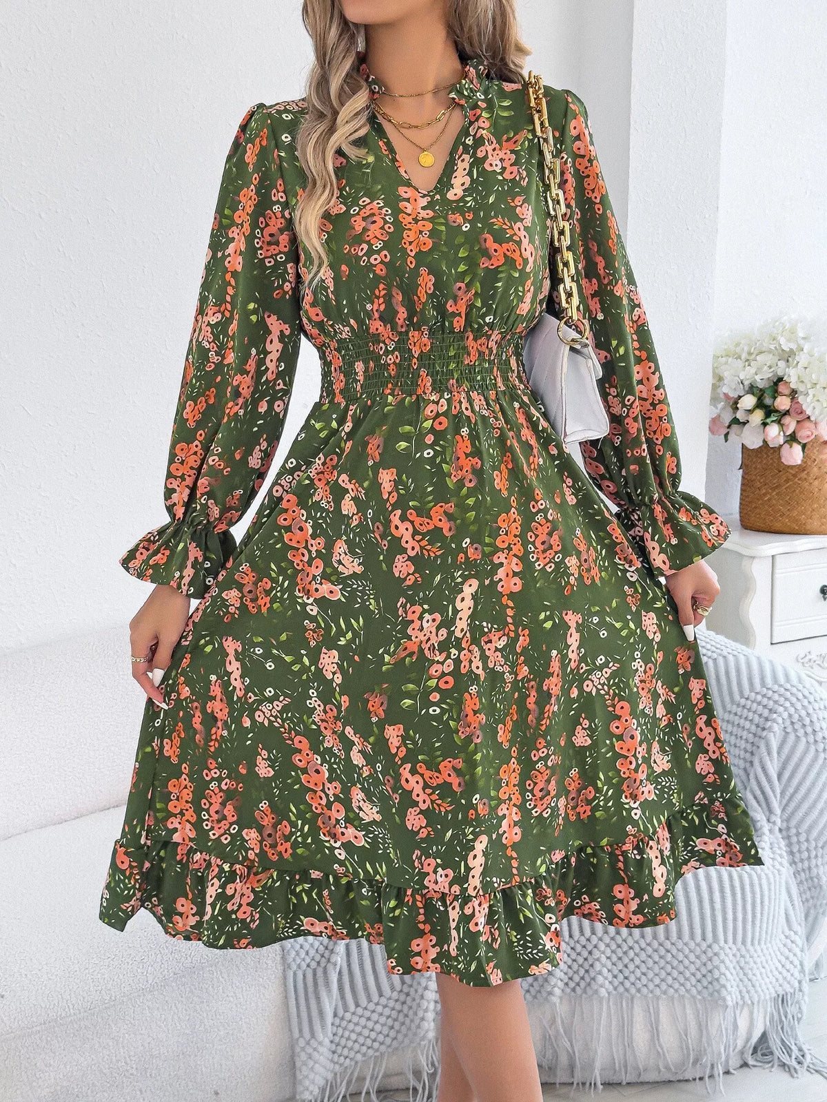 Floral Print Ruffle Hem Flounce Sleeve A-line Dress (9)