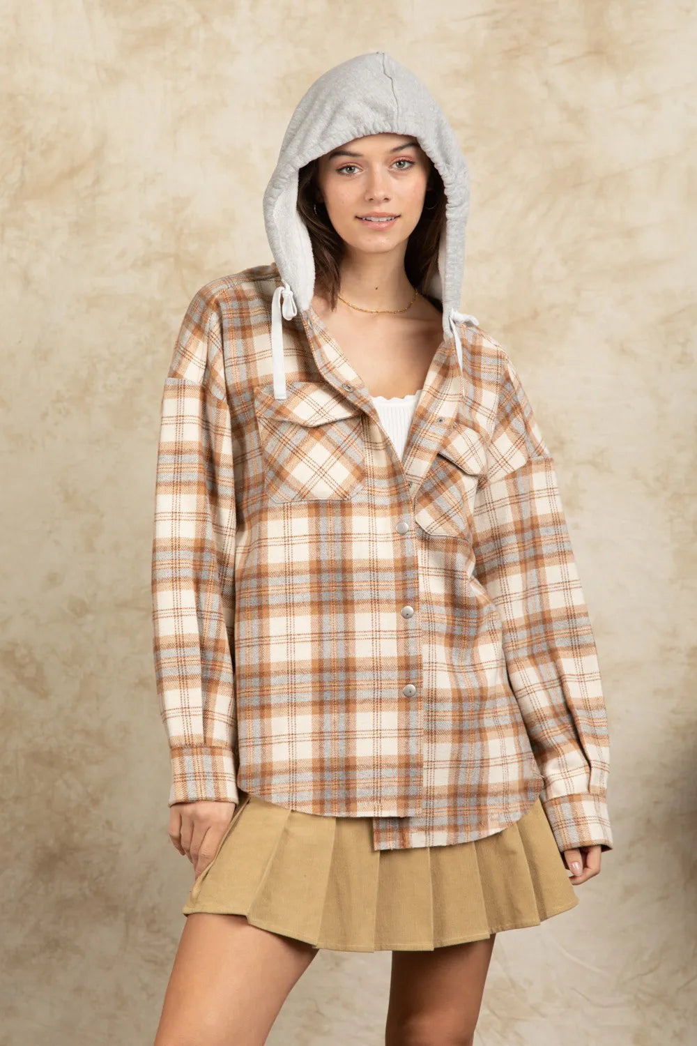 Drawstring Plaid Long Sleeve Hooded Jacket (10)