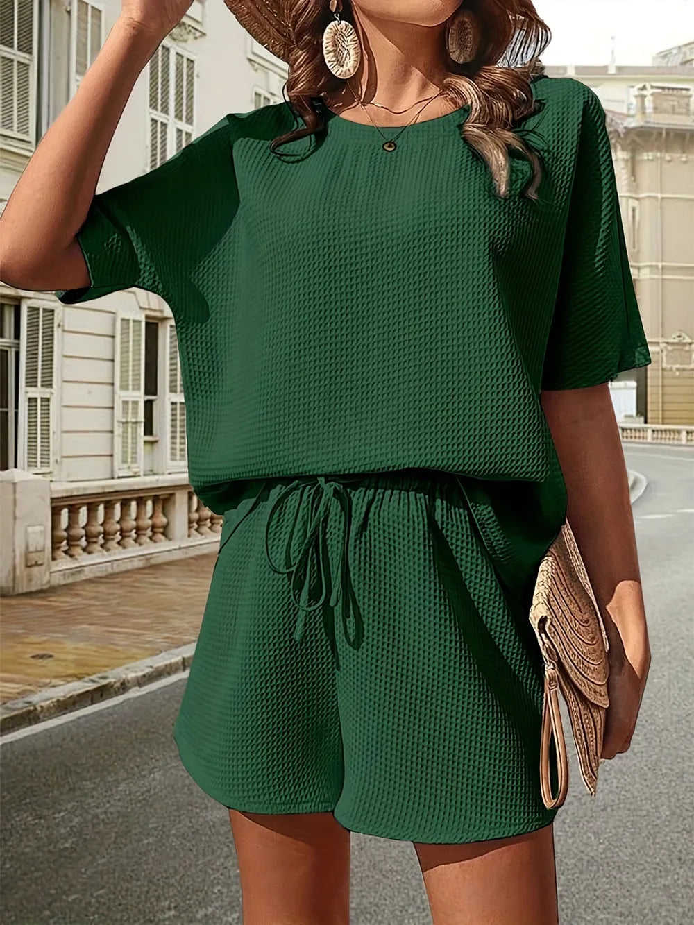 Waffle-knit Half Sleeve Top Shorts Set (24)