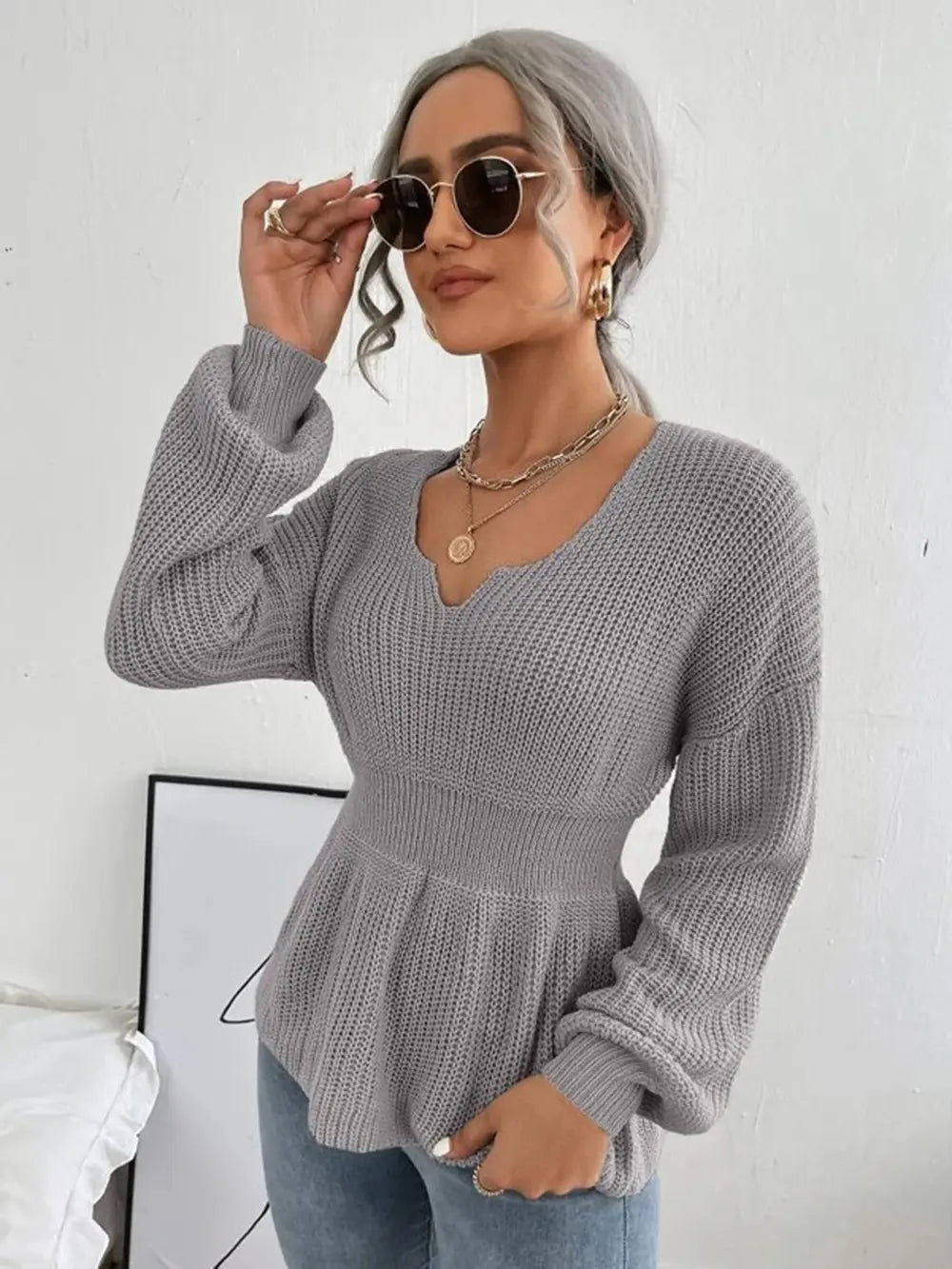 Notched Dropped Shoulder Knit Top (9)