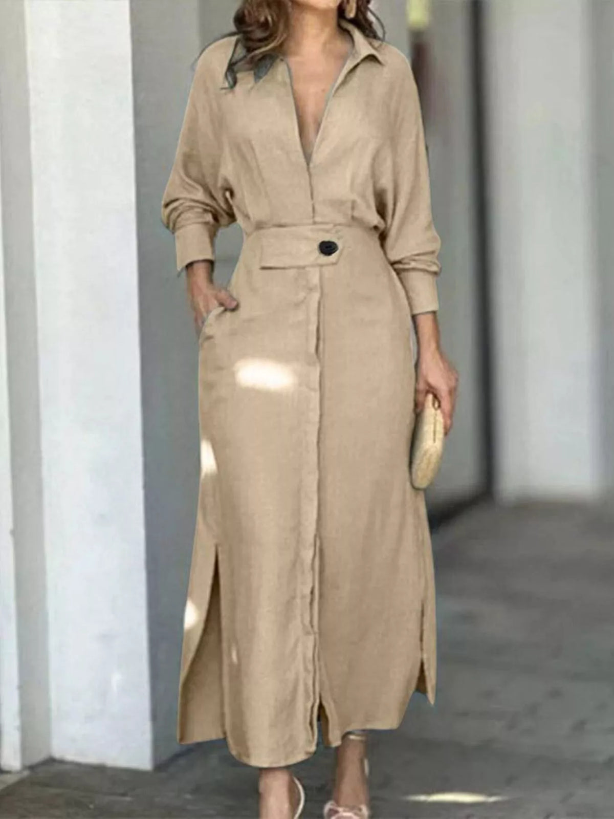 Side Slit Long Sleeve Shirt Dress (11)