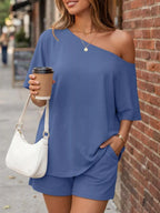 Full Size One Shoulder Top Shorts Set Plus (3)