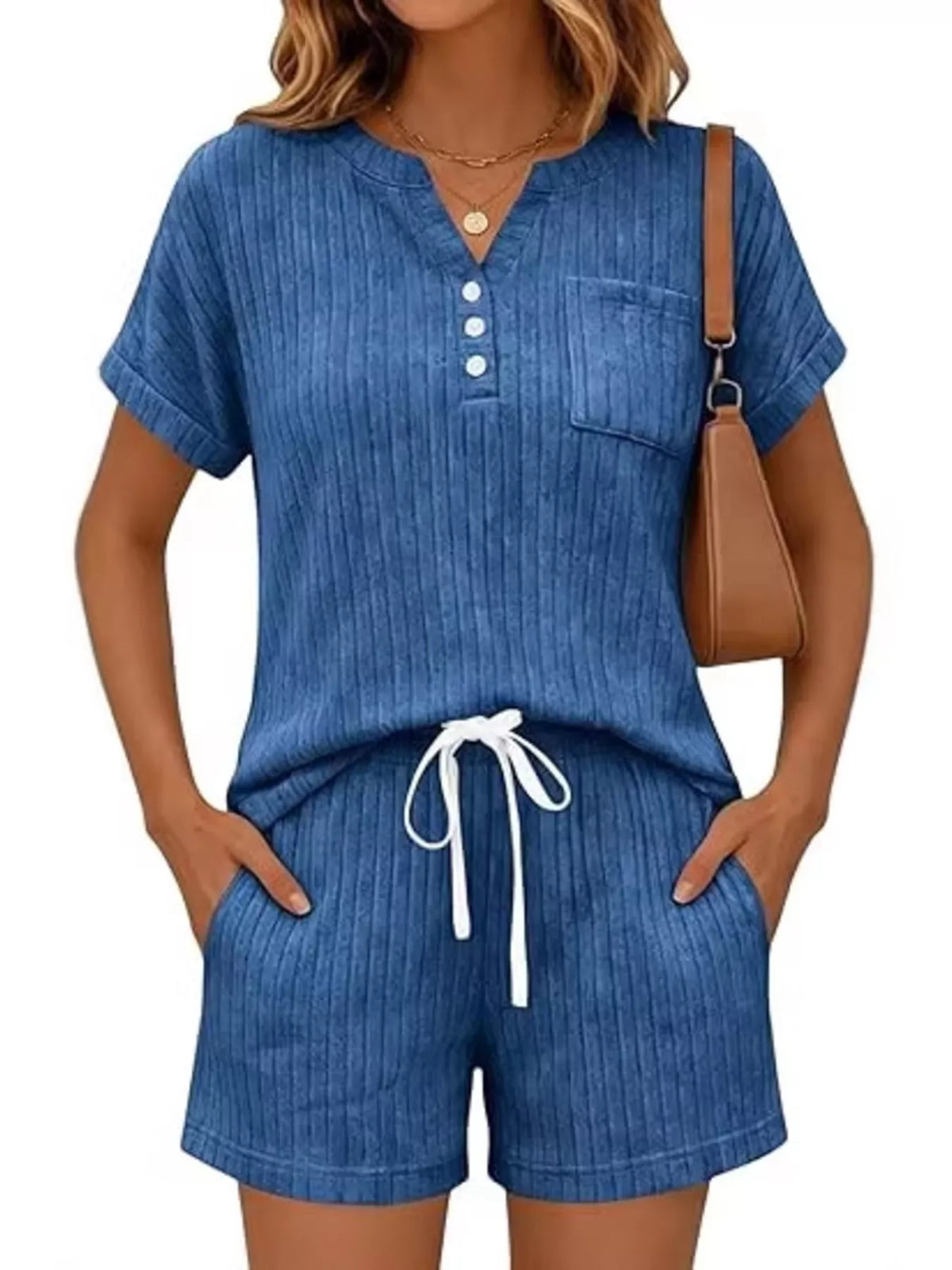 Casual Ribbed Knit Tee Shorts Set (13)
