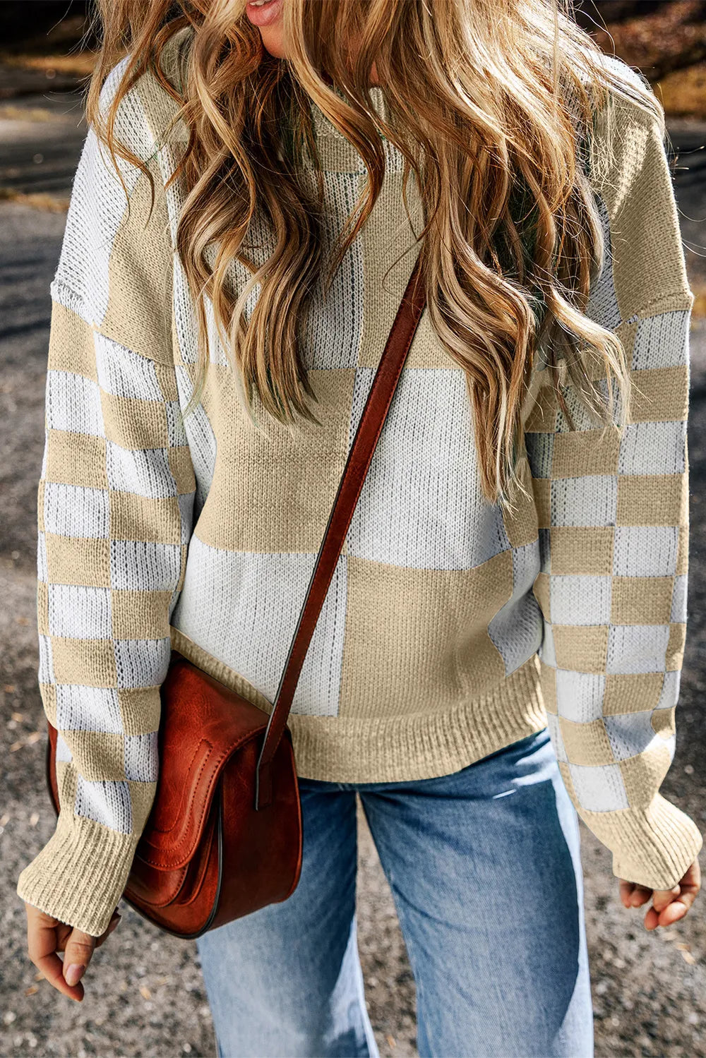 Checkered Round Neck Drop Shoulder Sweater (11)