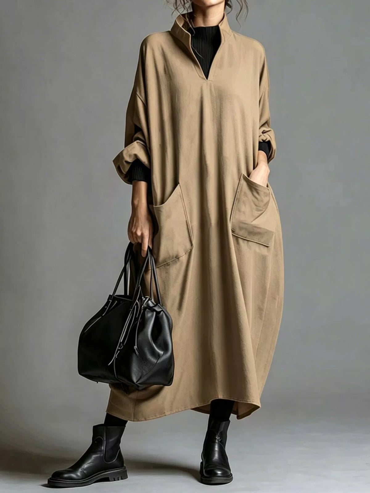 Full Size Loose-fit Mock Neck Midi Dress Pockets Plus (13)