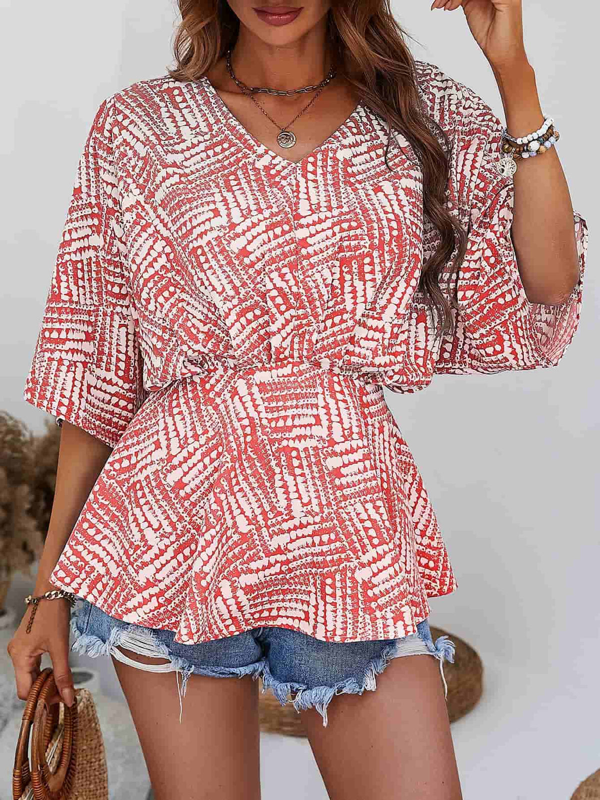 Printed V-neck Dolman Sleeve Blouse (7)