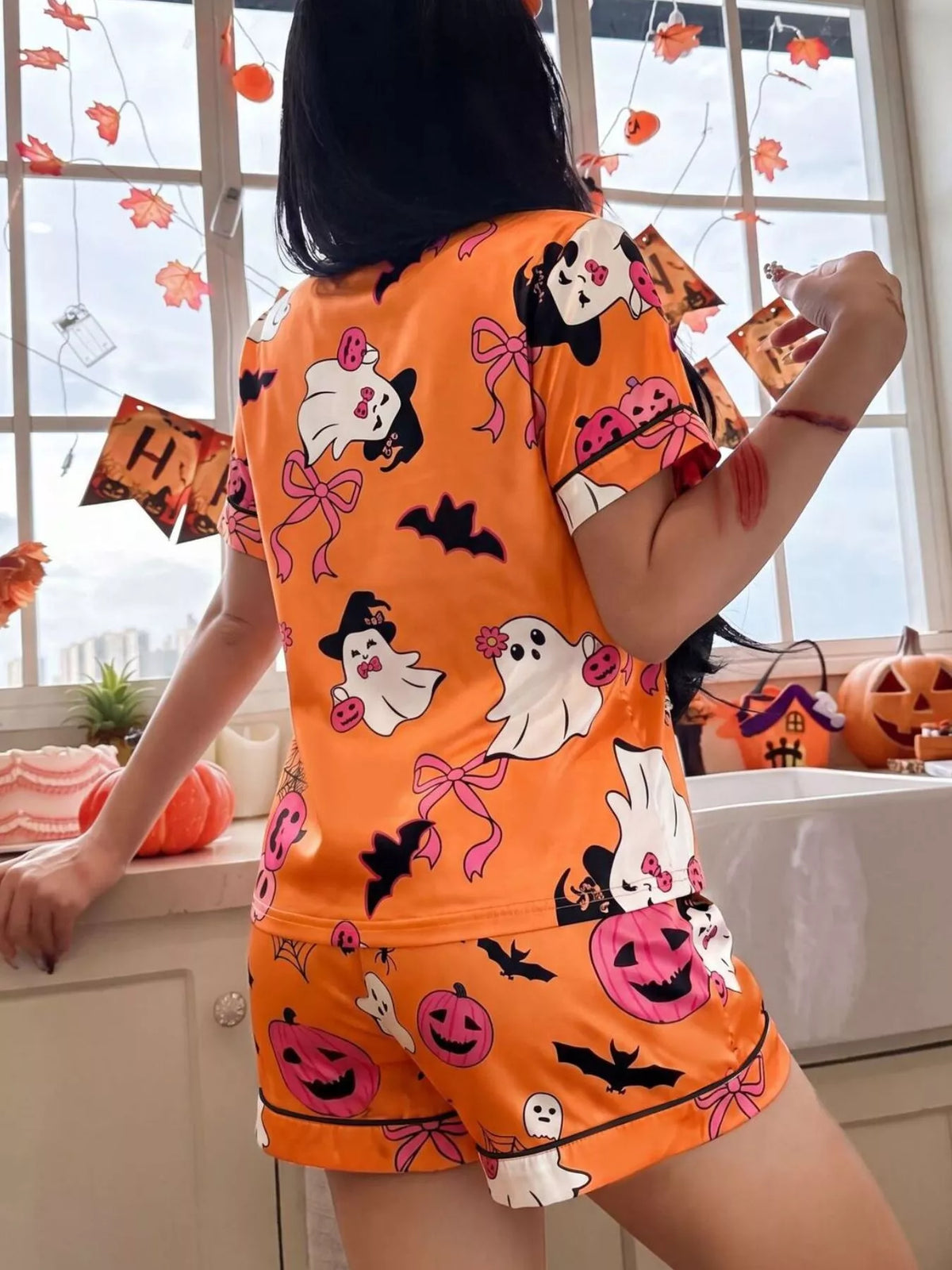Halloween Ghost Print Button-down Top Shorts Lounge Set (4)