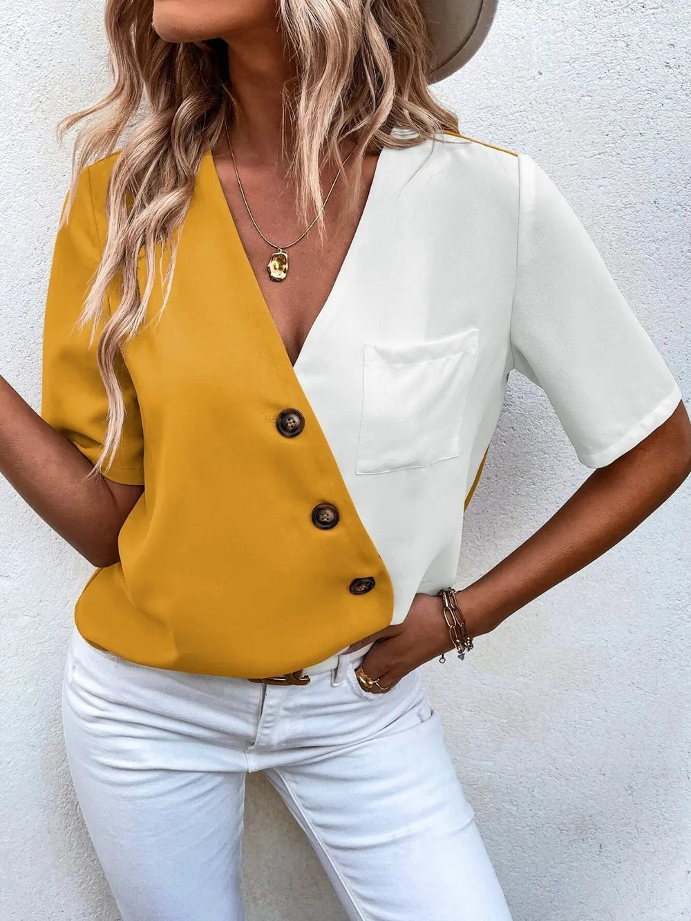 Decorative Button Surplice Short Sleeve Blouse (18)