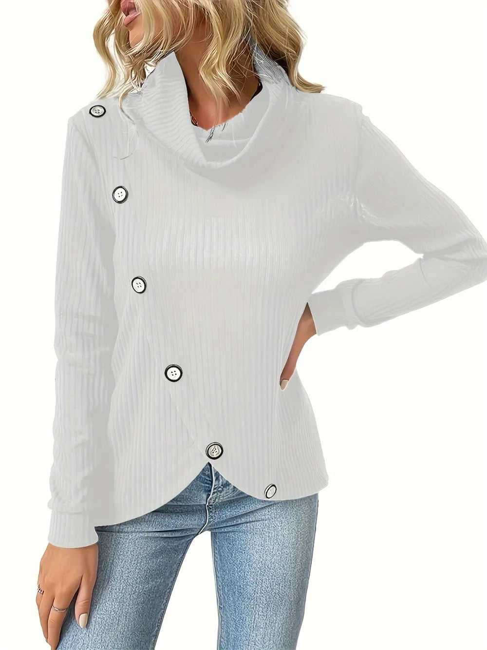 Decorative Button Turtleneck Long Sleeve T-shirt (5)