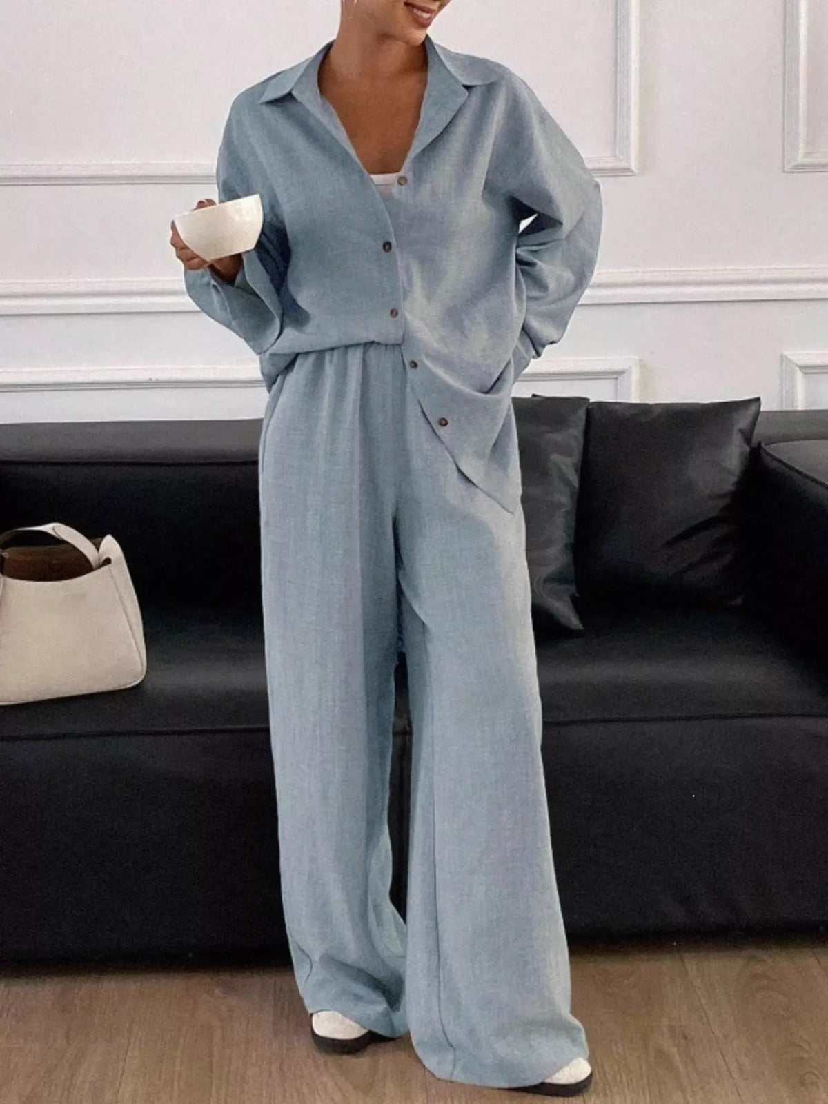 Button-down Shirt Wide-leg Pants Set (28)