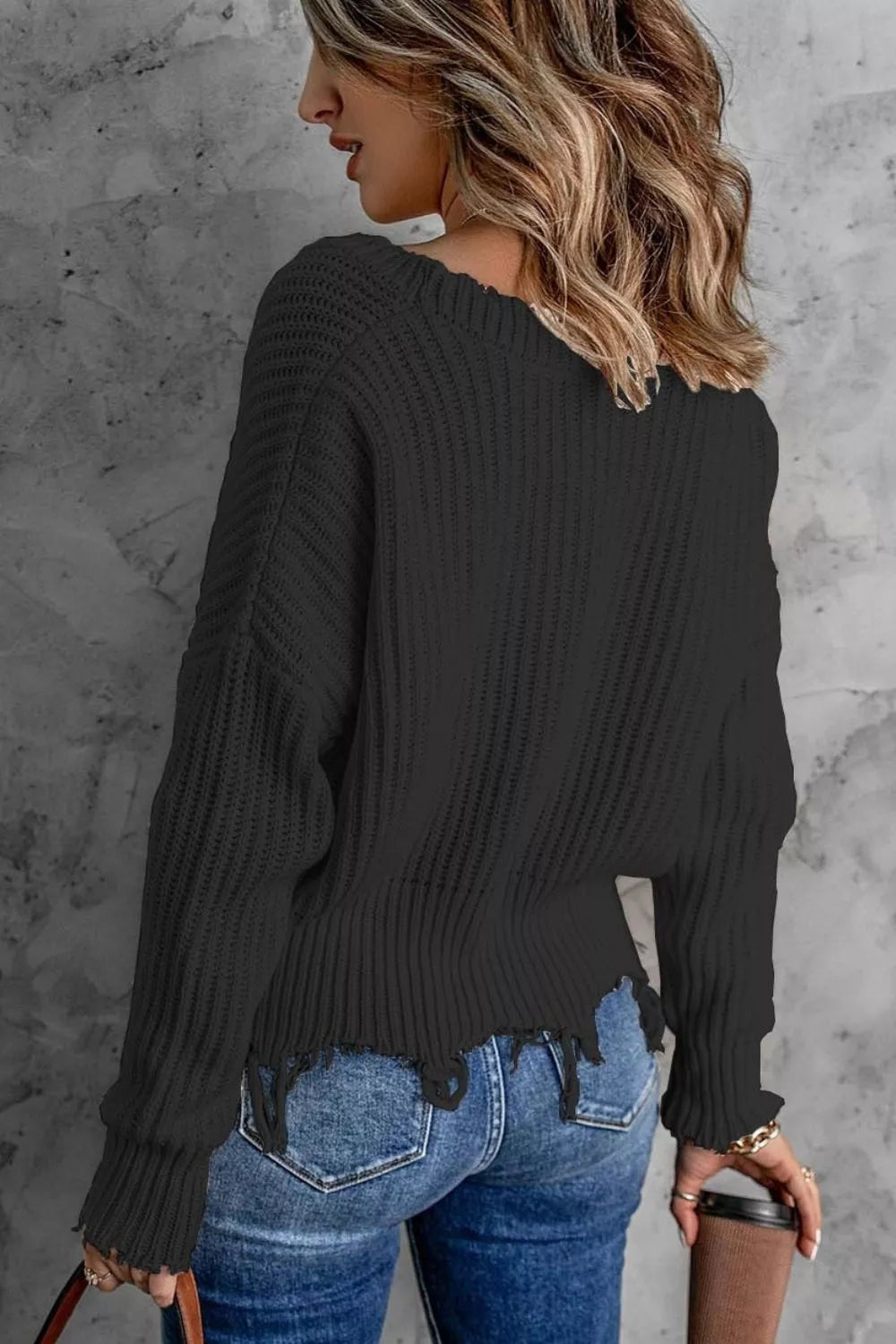 Full Size Raw Hem V-neck Sweater Plus (6)