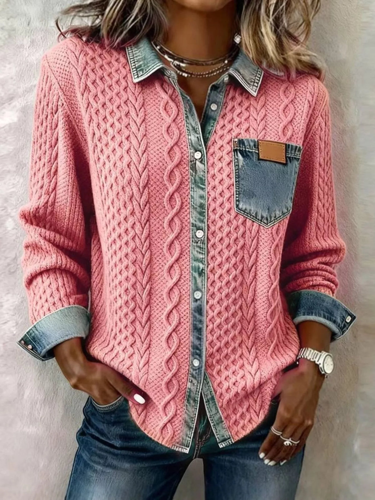 Denim Trim Cable Knit Cardigan (7)