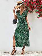 Printed Surplice Neck Flutter Sleeve Slit Dress (5)