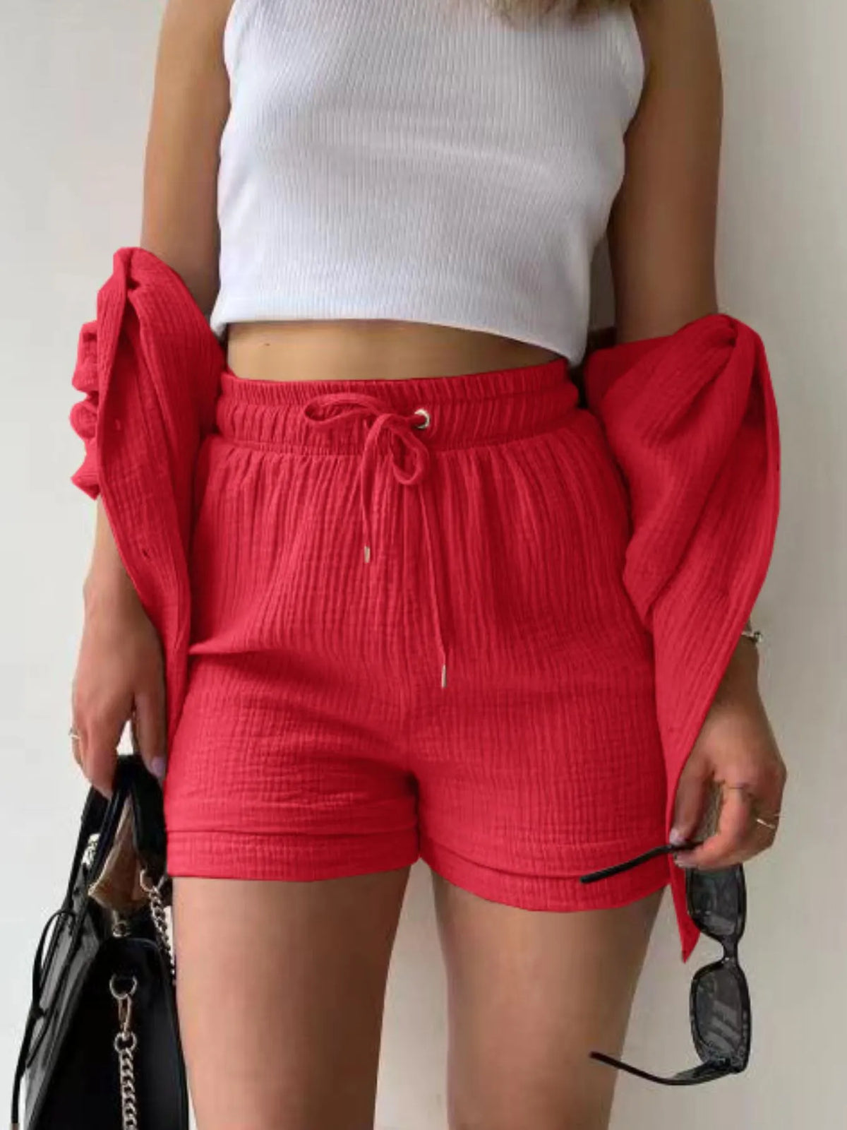Textured Button Up Shirt Shorts Set (21)