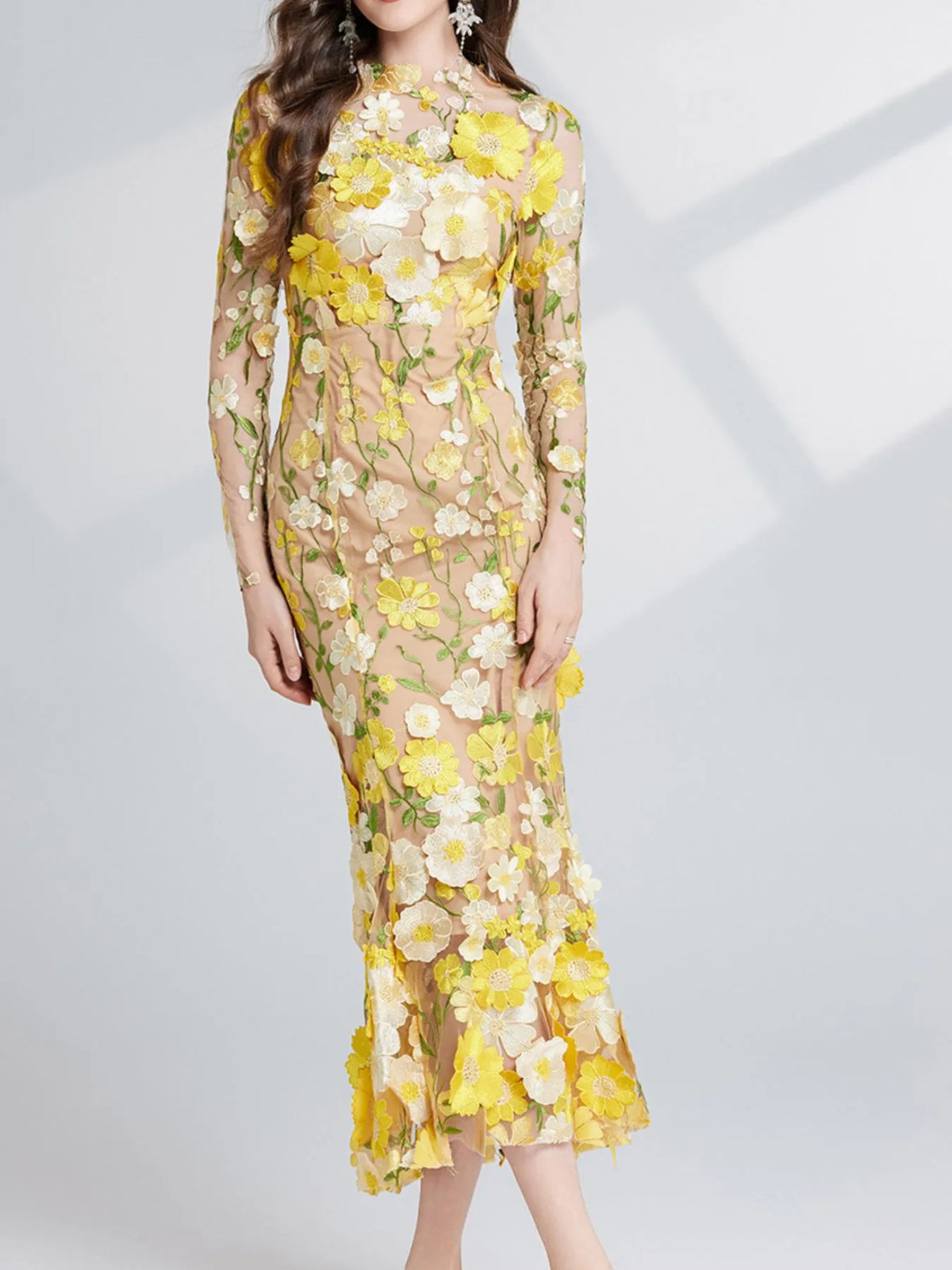 Floral Embroidered Mesh Long Sleeve Midi Dress (19)