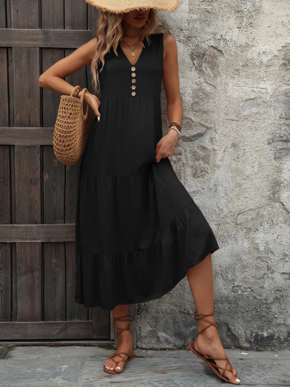 Decorative Button Notched Sleeveless Dress (10)
