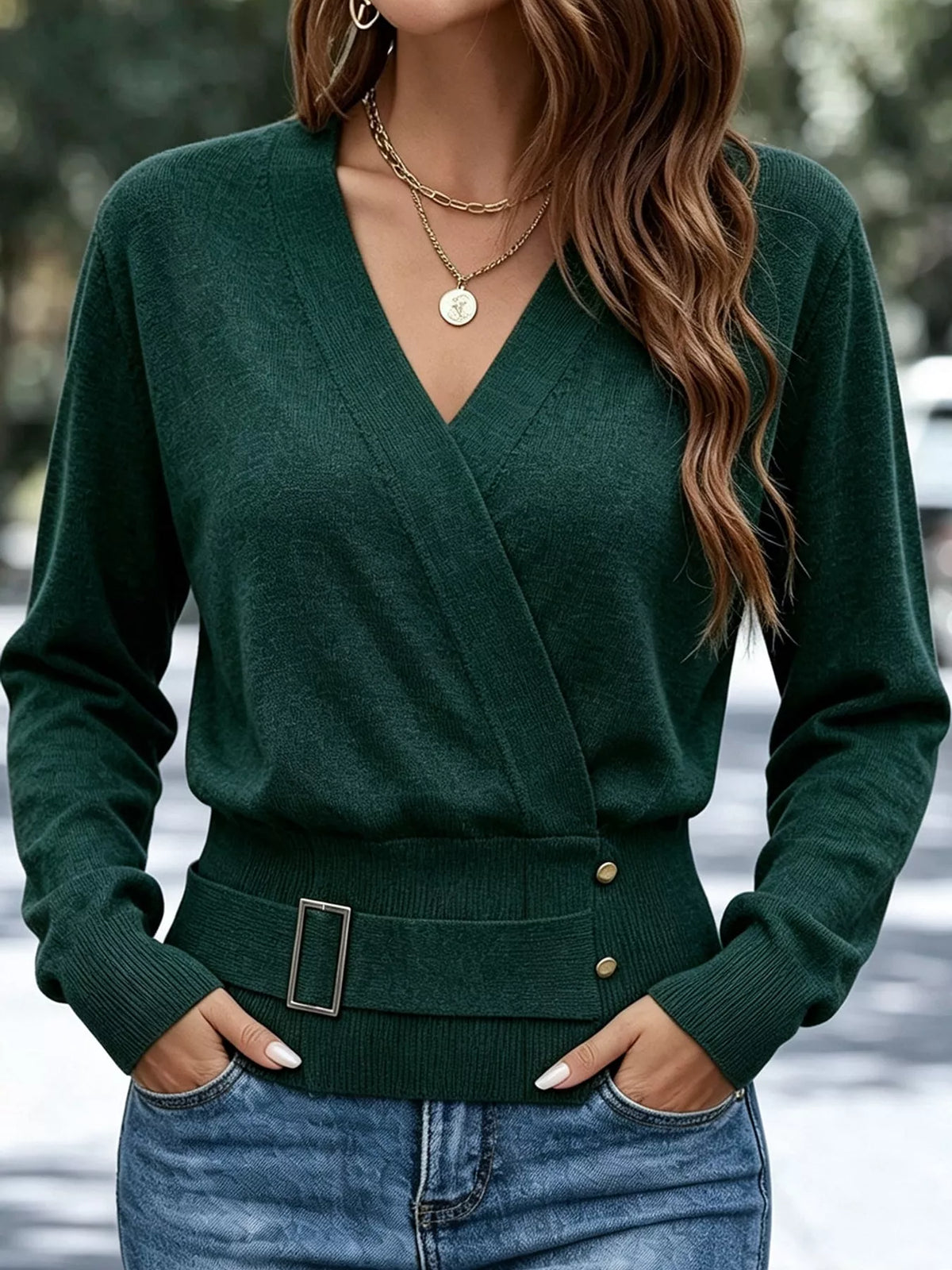 Surplice Elastic Waist Long Sleeve Knit Top (16)
