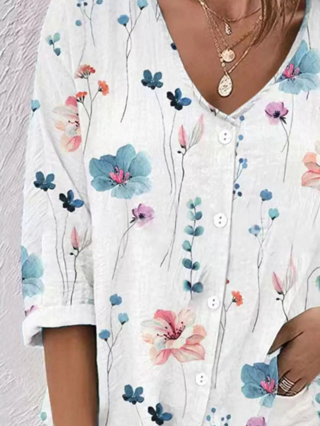 Floral Print V-neck Button-down Shirt (15)