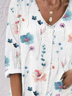 Floral Print V-neck Button-down Shirt (15)
