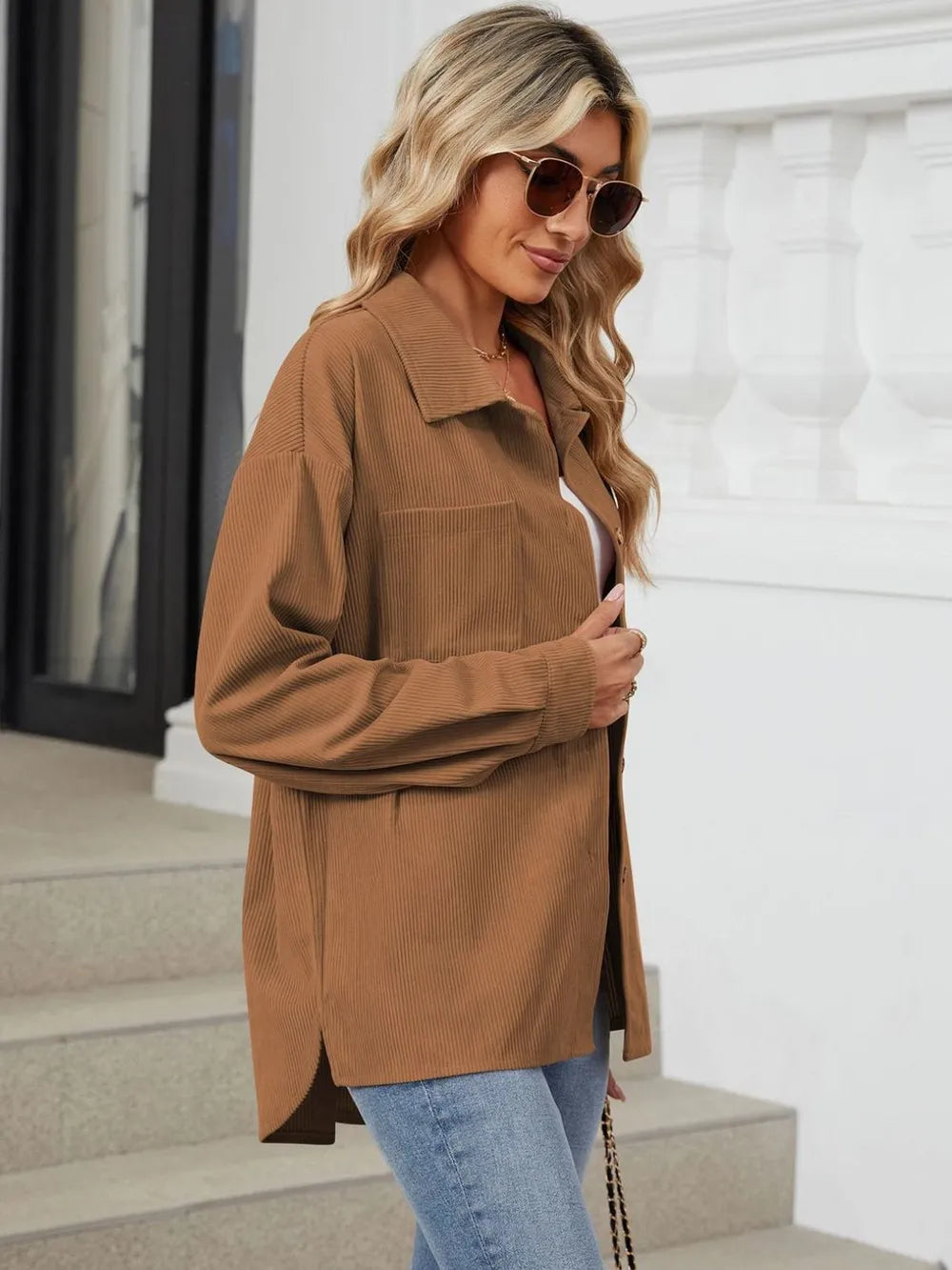 Button Up Dropped Shoulder Long Sleeve Outerwear (4)