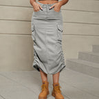 Drawstring Ruched Slit Denim Midi Skirt (19)
