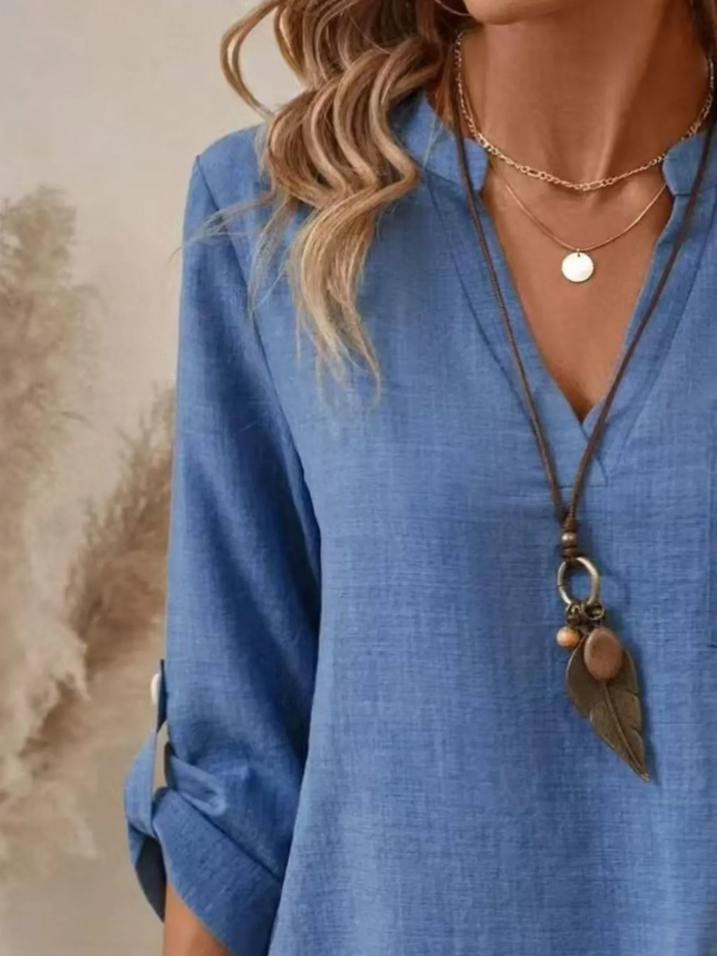 Casual Notched Roll-up Sleeve Pocket Blouse (2)